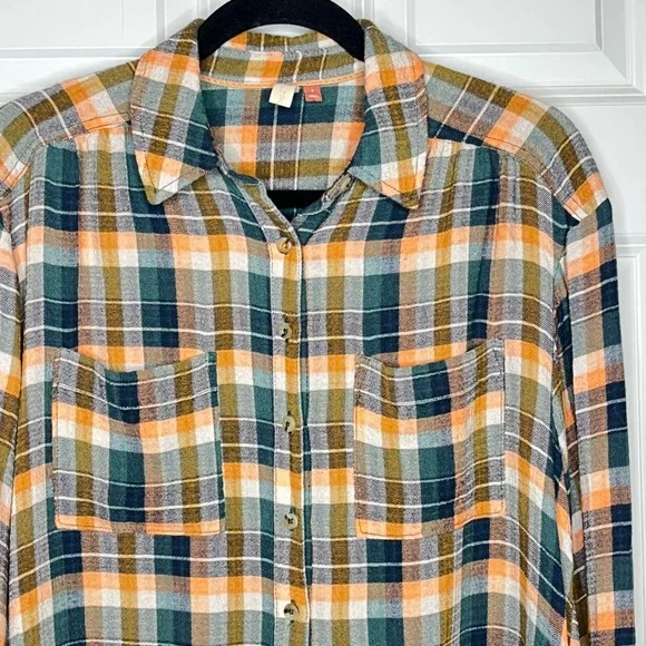 Pilcro Anthropologie Plaid Button Front Blouse Small Green Orange Boho Cowgirl - Picture 3 of 9